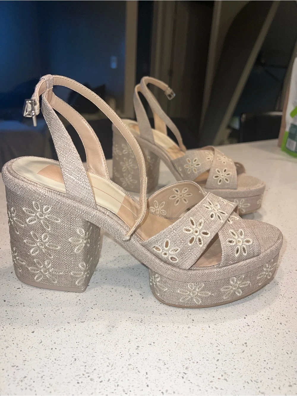 Embroidered Beige Platform Sandals with Ankle Strap - Women